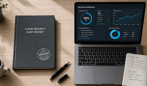 Rapport d'audit cloud CIS Benchmark à côté d'un tableau de bord de monitoring continu sur ordinateur, illustrant la complémentarité des deux approches