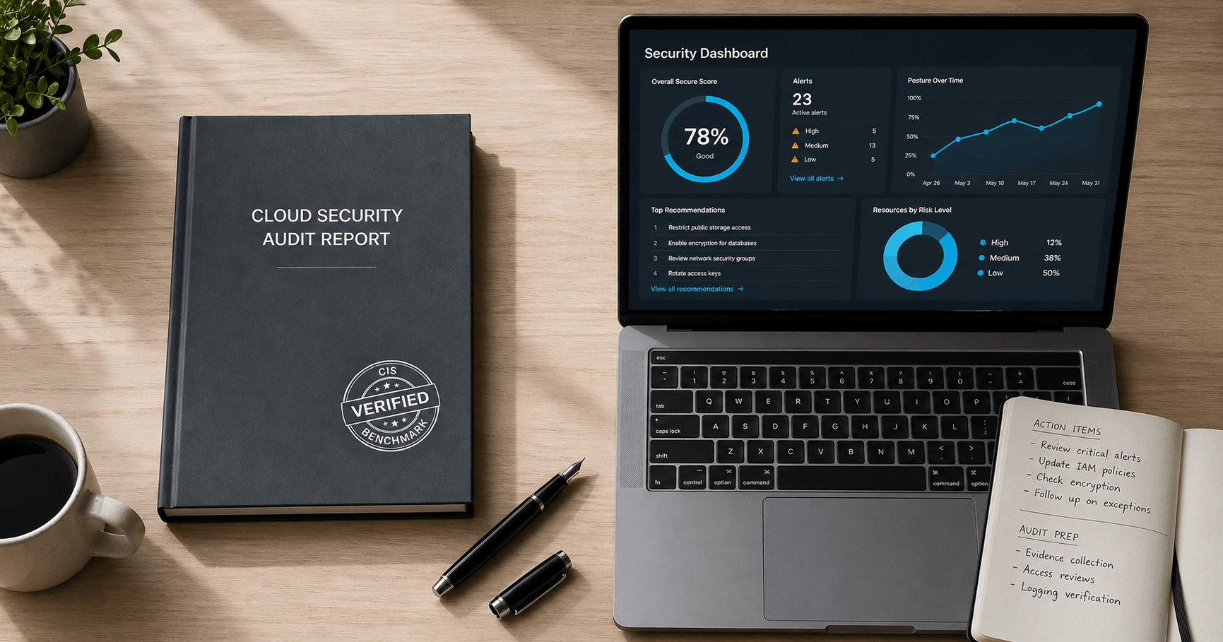 Rapport d'audit cloud CIS Benchmark à côté d'un tableau de bord de monitoring continu sur ordinateur, illustrant la complémentarité des deux approches